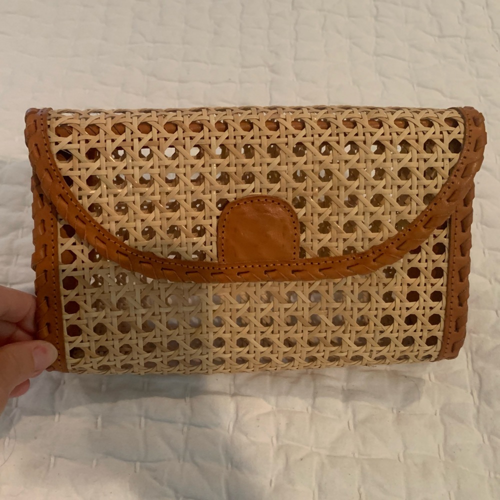 Tan Rattan and Leather Clutch with crossbody strap